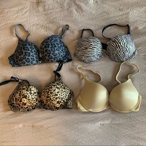 VS pushup and three 34A maidenform add 2 size bras
